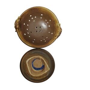 Vtg Pottery Berry Fruit Bowl Strainer with Plate Brown and Blue Glazed 9"